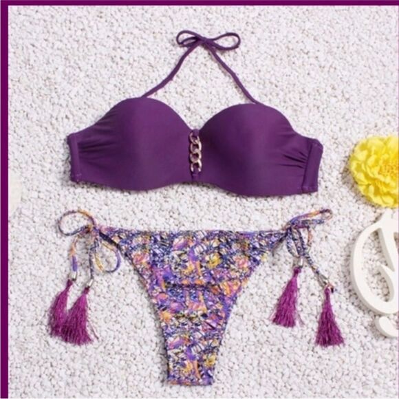 NWT Purple Floral Fringe Cheeky Bikini - Size Small - Picture 1 of 16